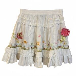 Oilily Girls White Linen Embroidered Ruffle Skirt EU 116 US Size 5/6 Floral